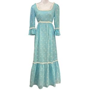 70s Lorrie Deb Maxi Dress Cottagecore Prairie Blue Floral Lace Trim Style 7899